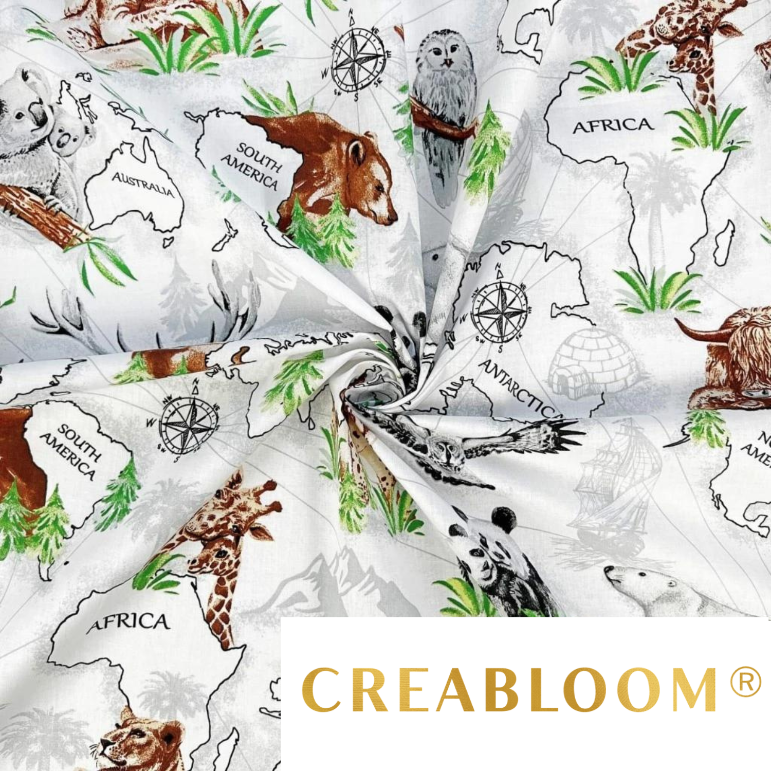 Tissu Coton Motif Continents Et Animaux