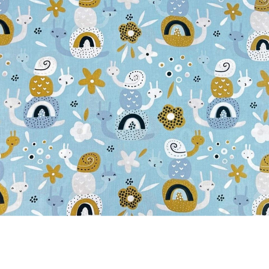 Tissu Coton Motif Escargots - Bleu Et Moutarde