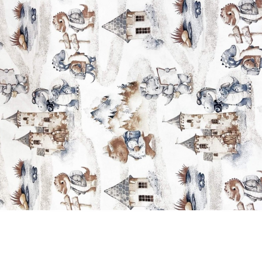 Tissu Coton Motif Dinosaures - Bleu Marine Et Marron