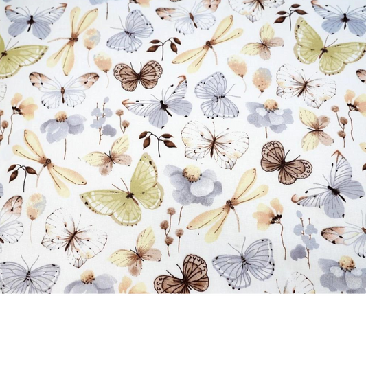 Tissu Coton Motif Fleurs Et Papillons - Beige Gris