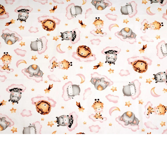 Tissu Coton Motif Animaux Nuages Roses Fond Blanc