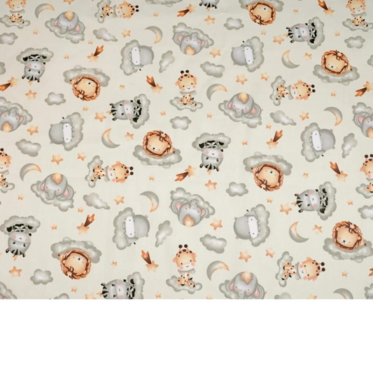 Tissu Coton Motif Animaux Nuages Gris Fond Ecru