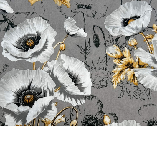 Tissu Coton Grands Motifs Coquelicots Fond Gris