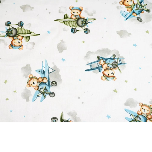 Tissu Coton Motif Oursons Aviateurs - Tons Vert Et Bleu