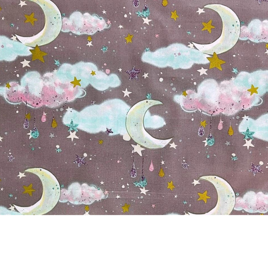 Tissu Coton Motif Nuages Et Lunes - Fond Violet