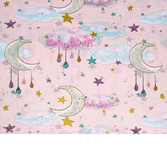 Tissu Coton Motif Nuages Et Lunes - Fond Rose