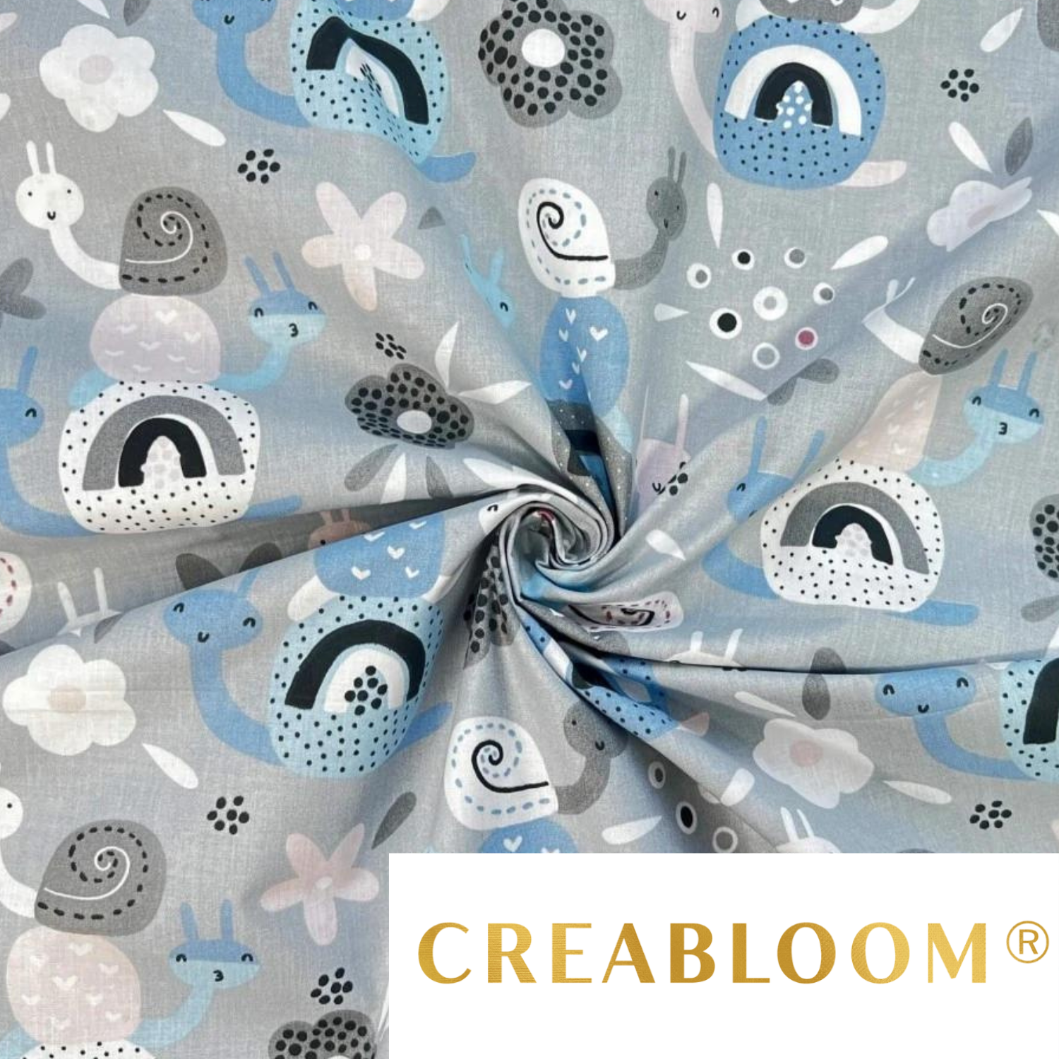 Tissu Coton Motif Escargots - Bleu Et Gris