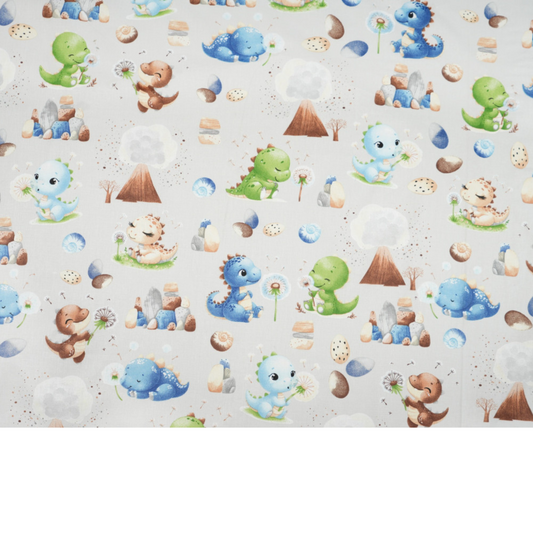 Tissu coton Motif dinosaures bleu vert avec volcan sur fond gris