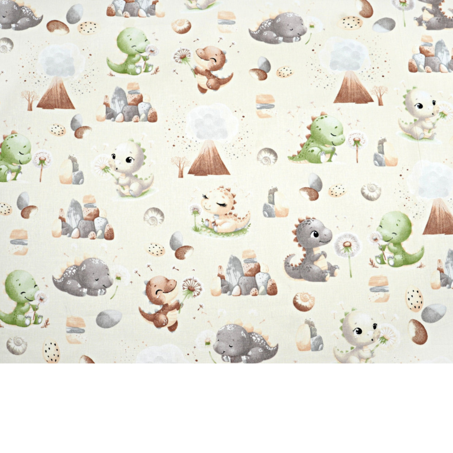 Tissu coton Motif dinosaures verts et marron avec un volcan sur fond écru