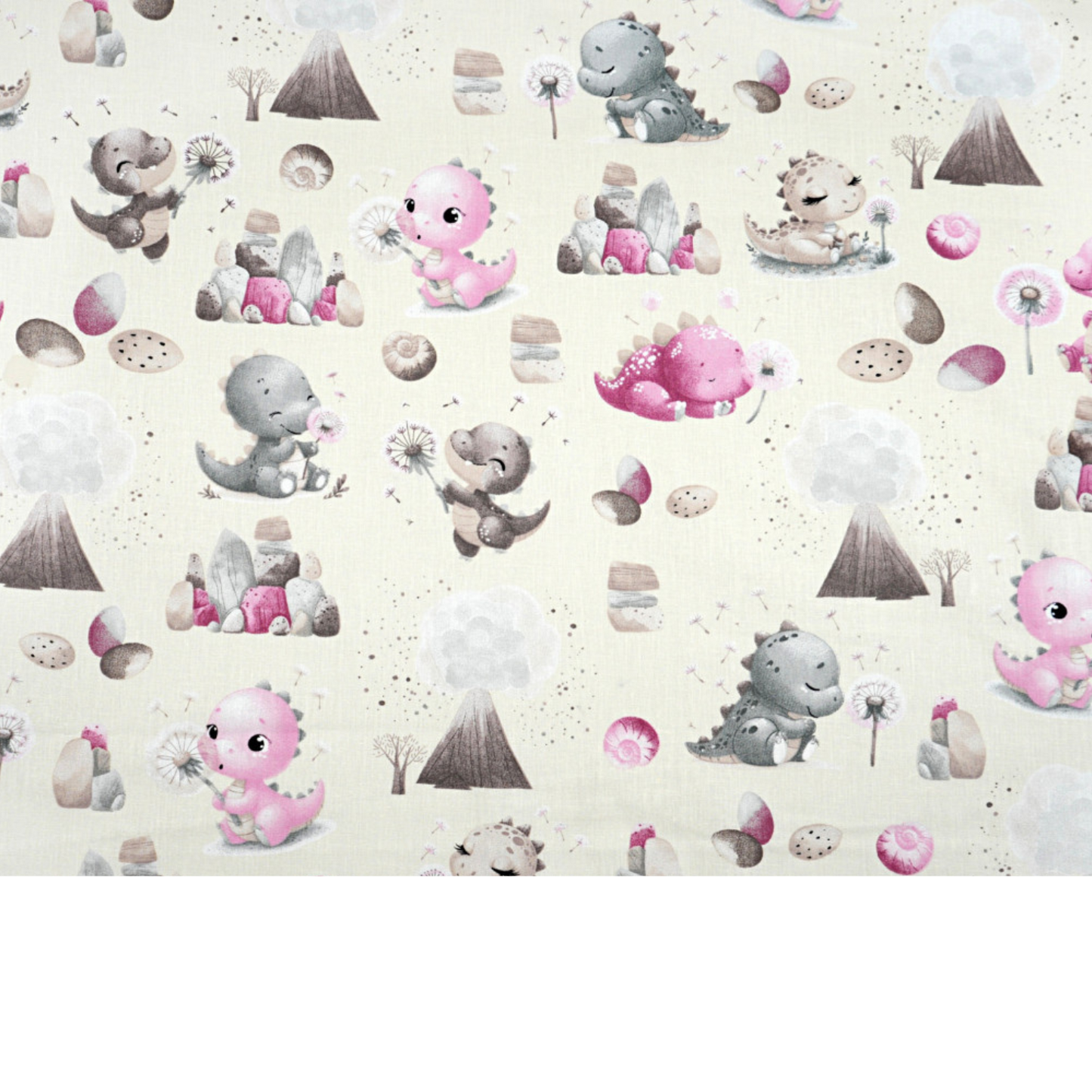 Tissu coton Motif dinosaures dinosaures roses et gris avec un volcan sur fond écru