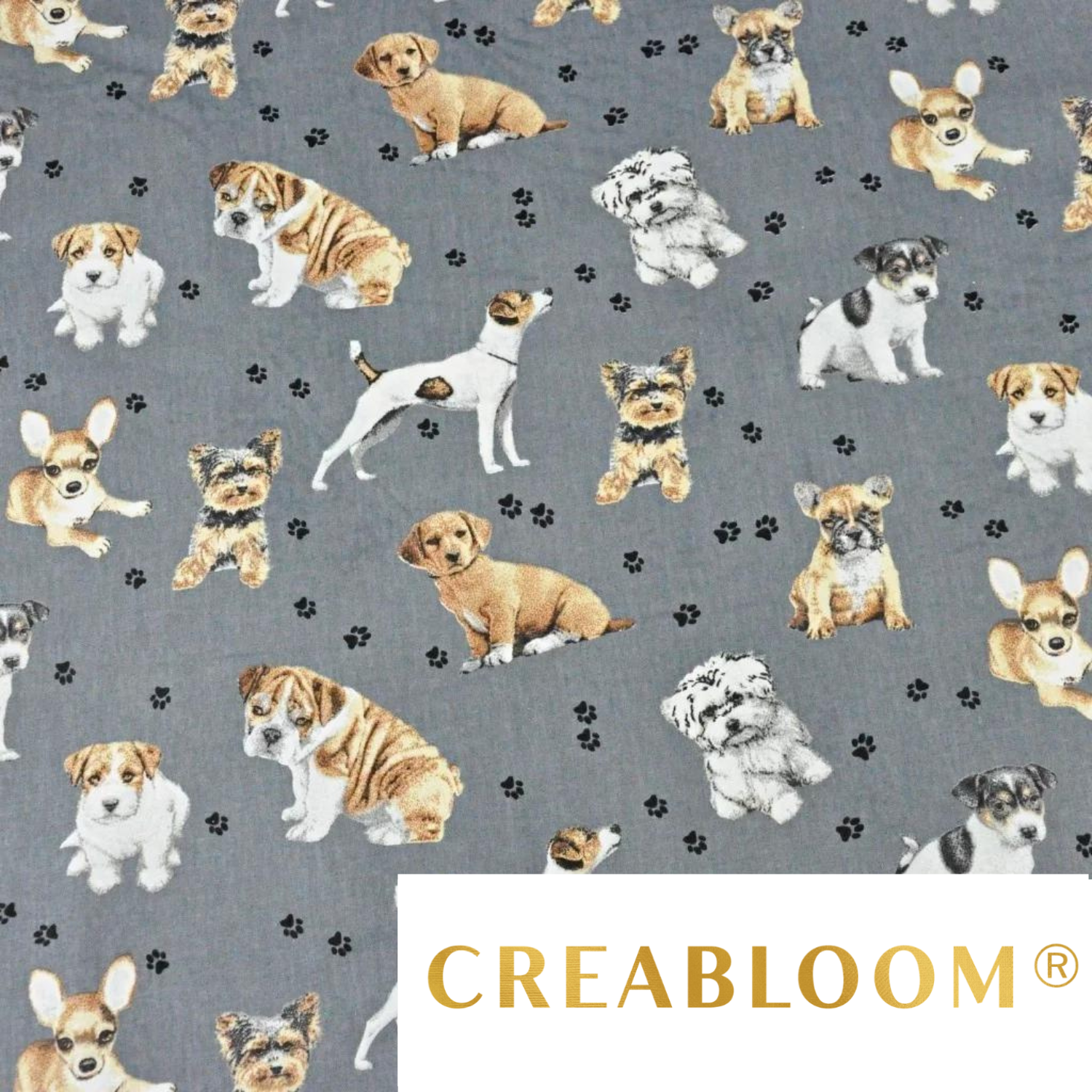 Tissu Coton Motif Chiens Fond Gris Foncé