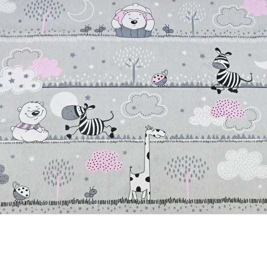 Tissu Coton Motif Animaux - Gris Et Rose